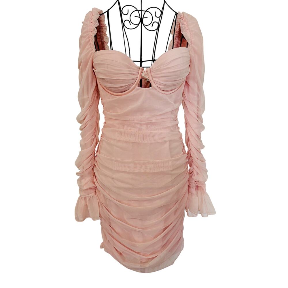 NWT Oh Polly True For You Pastel Pink Coquette Bodycon Ruched Ruffled Dress 10